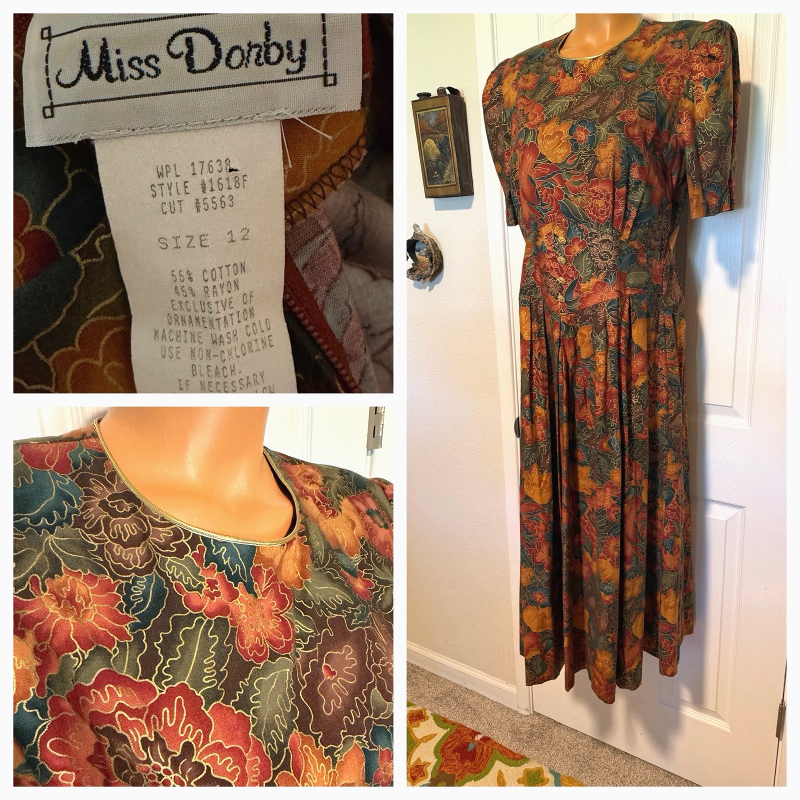 VTG 80’s MISS DORBY AUTUMN FLORAL COTTON BLEND RETRO DRESS SZ 12 (M-L)