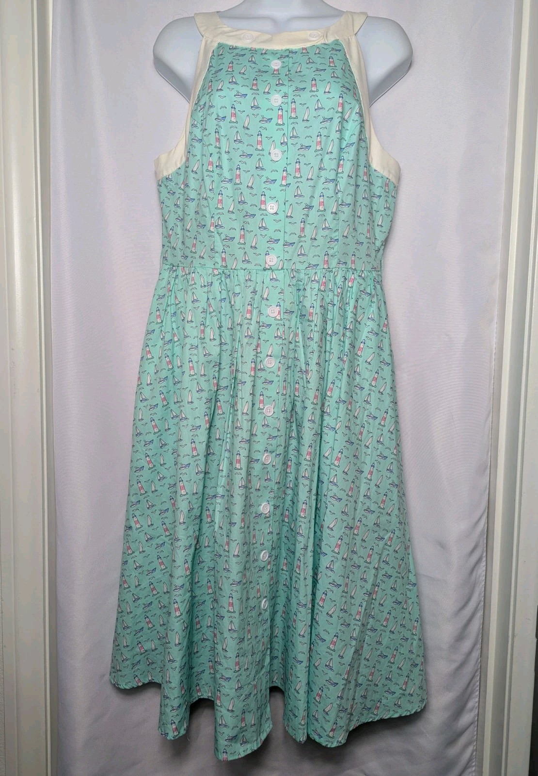 Unique Vintage Maxine Dress Sailboat Lighthouse Print Swing Turquoise Blue Sz M