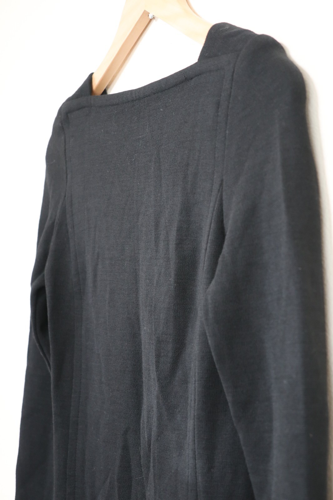 60s Vintage Black Knit Jersey Square Neck Long Sleeve Slim Shift Dress Women XS