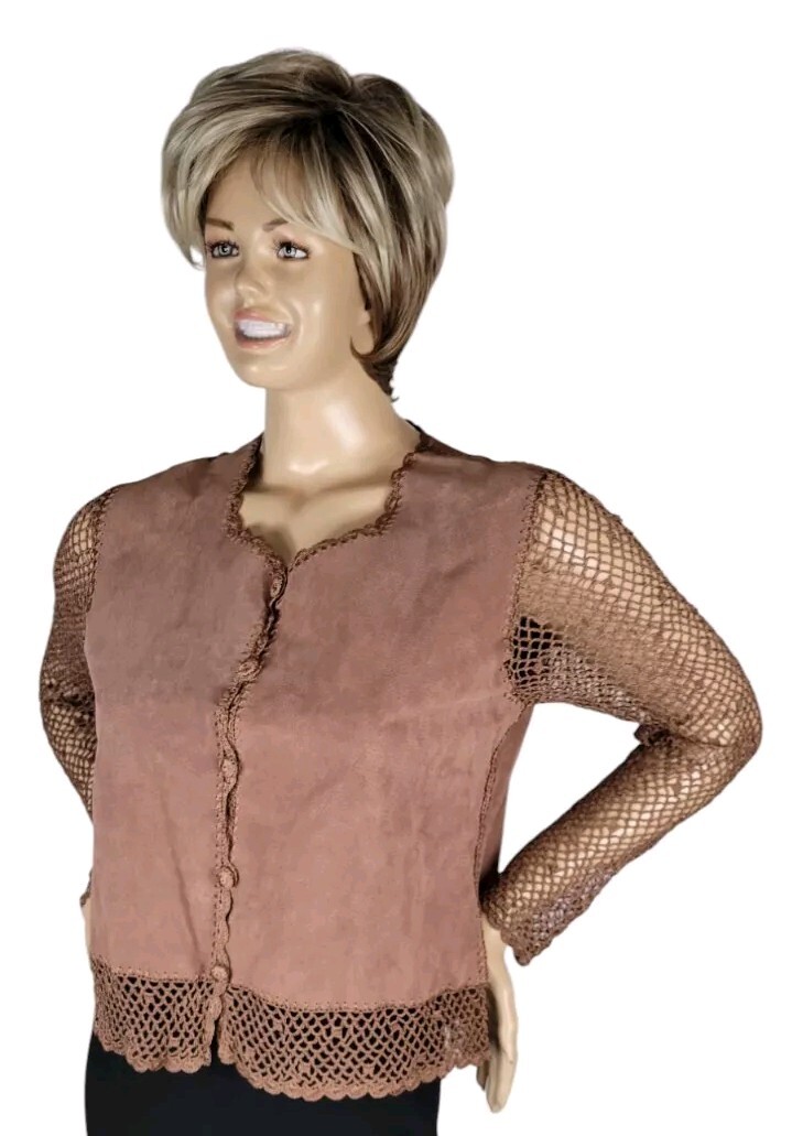 Vtg Y2K Kroshetta By Papillon Brown Leather Suede Crochet Boho Cardigan Top M