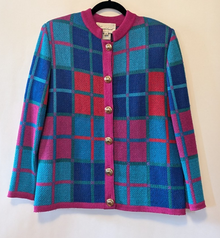Vtg 80s Castlebrook Plaid Cardigan Sweater Size 12 Grandmacore Maximalism