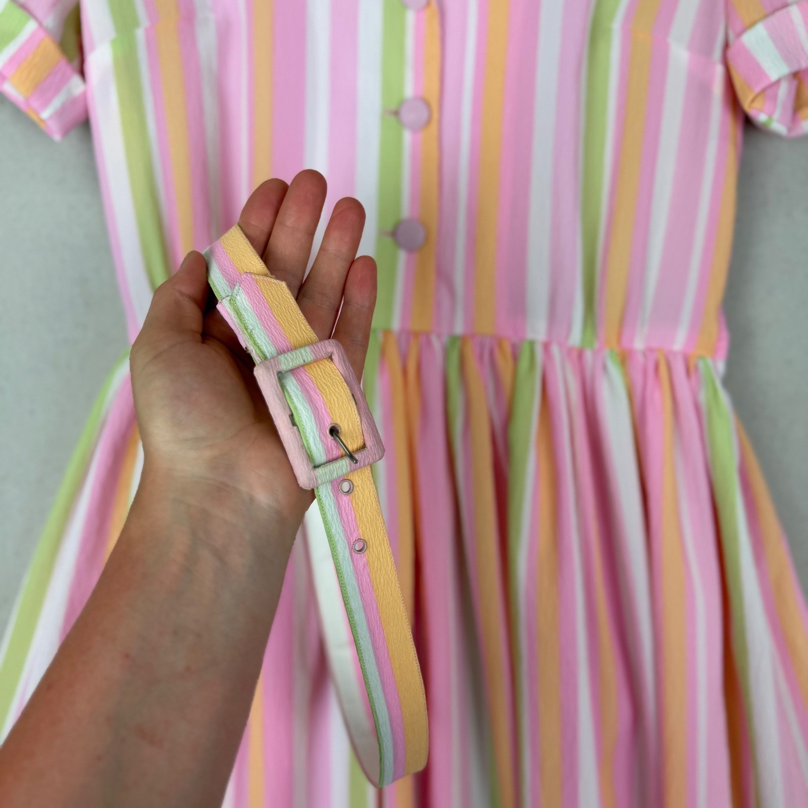 Vintage Pink Green Striped Fit & Flare Dress with Belt Short Sleeve Retro VTG