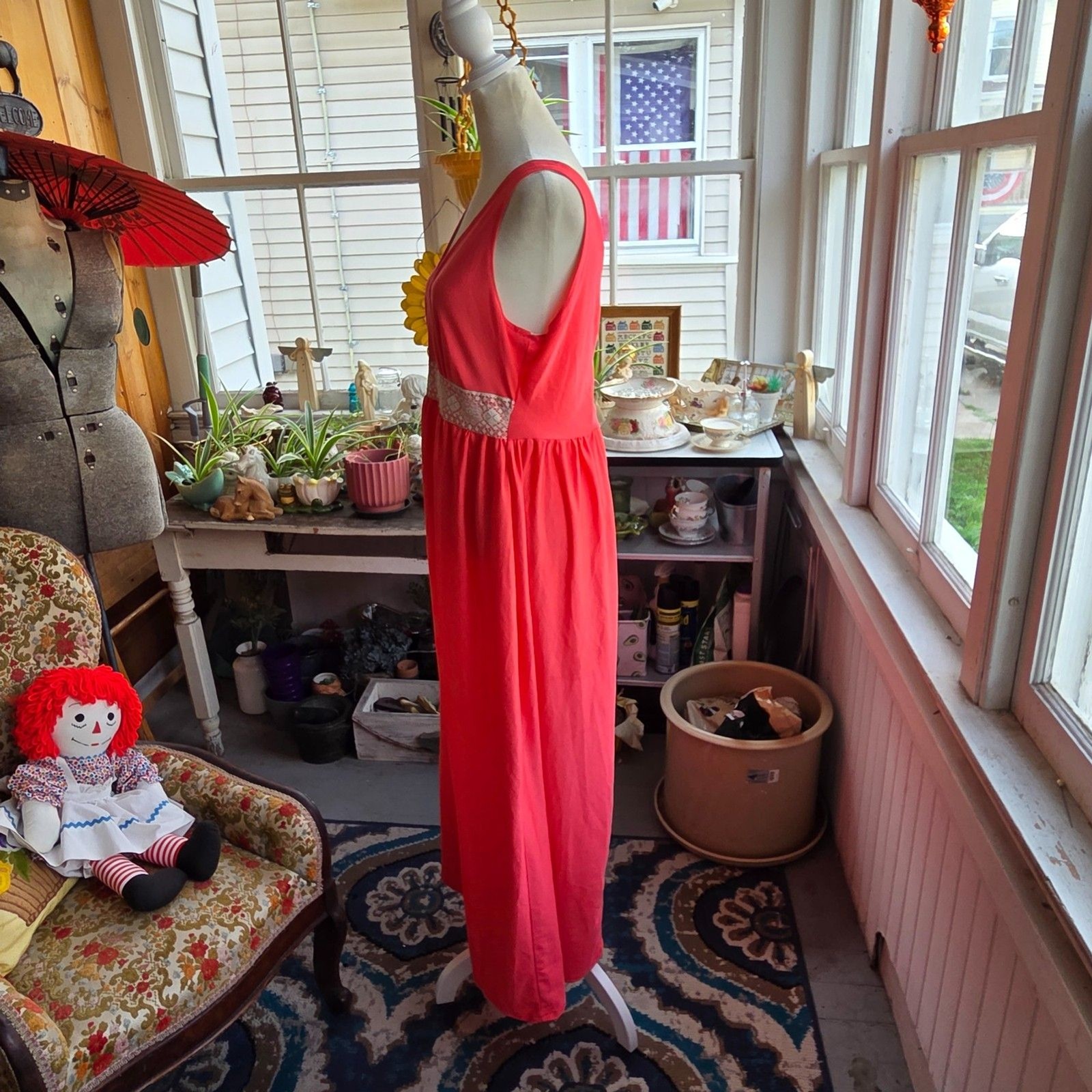 Vintage 1970s Coral Red Nylon Nightgown Maxi Gown Lace Empire Waist Medium