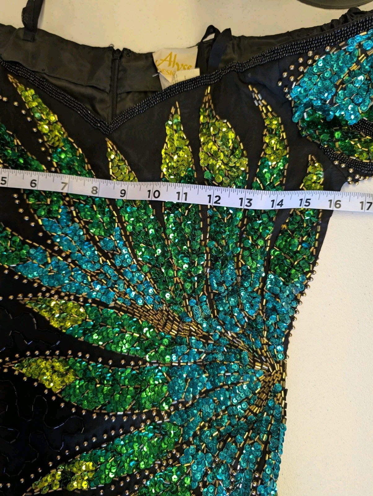 Vintage Alyce Designs Silk Dress Women’s Sz 12 Black Green & Blue Beaded Peacock