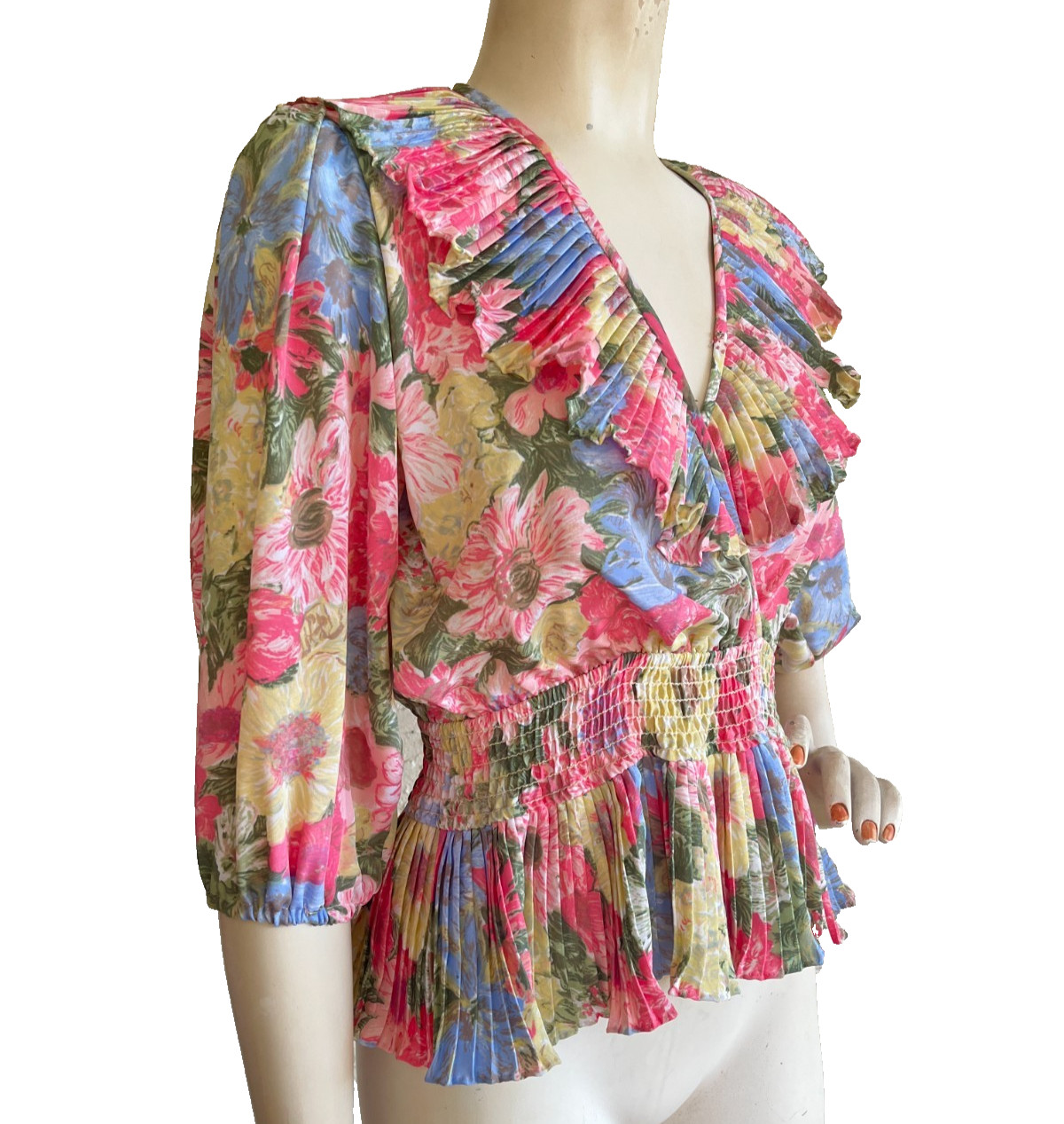 VTG SUSAN TUDOR Top Floral Pastel Pleated Ruffled 80’s Blouse USA Size XS