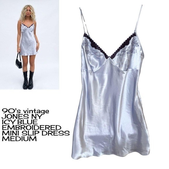 Stunning 90s vintage Jones New York icy blue embroidered mini slip dress M
