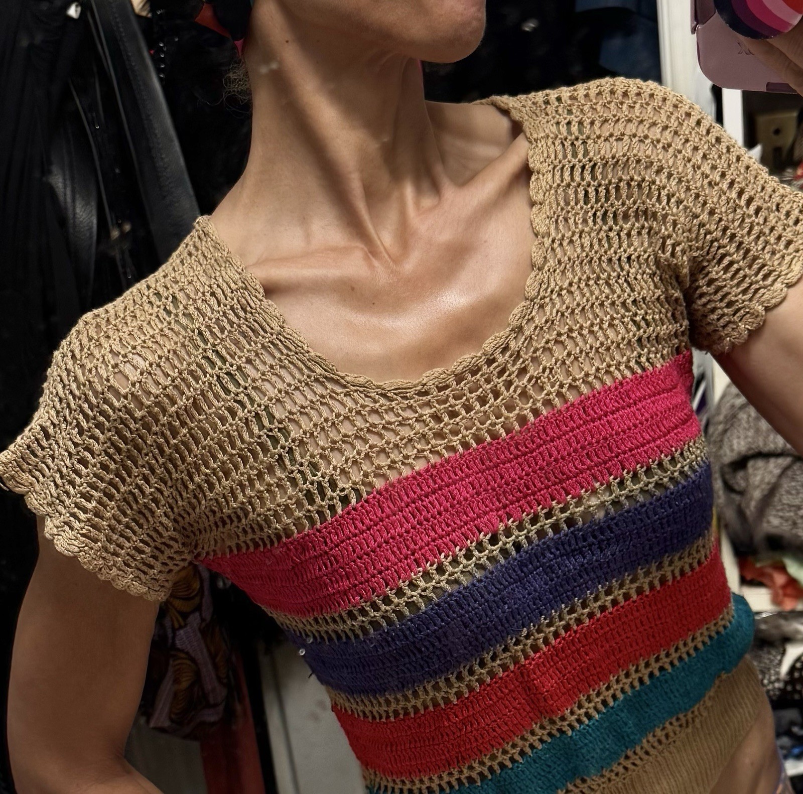 Vtg India Hand Woven Crochet Cap Sleeve Top Pullover XS S 70s 80s Dolman Crop
