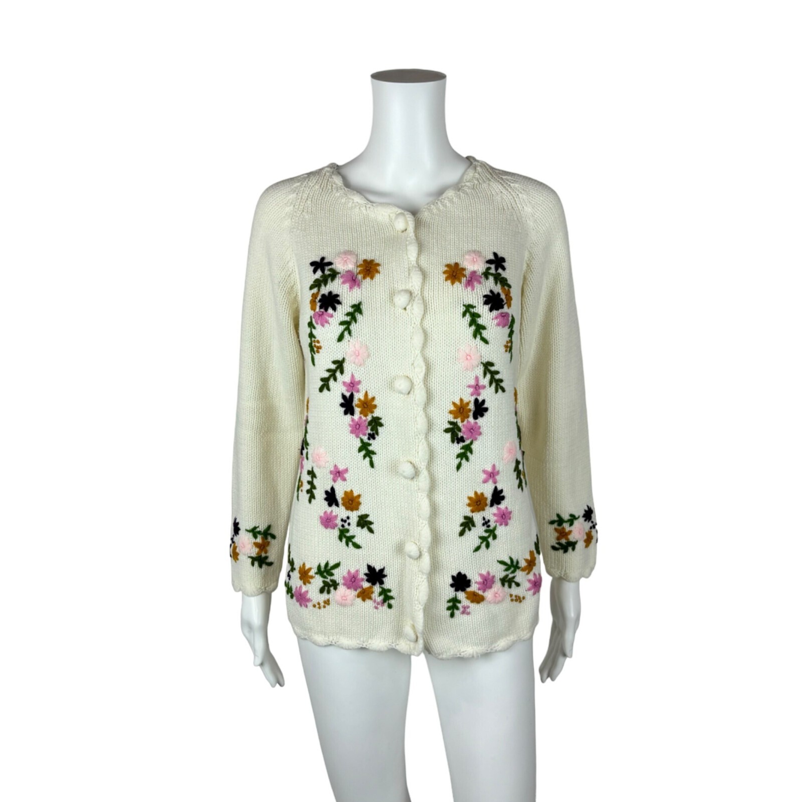Vintage 60s Floral Cardigan Embroidered Cream Multi Color Acrylic Sweater
