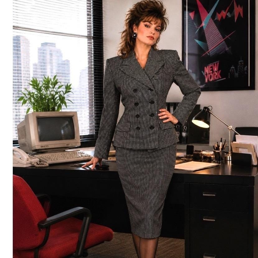 Vtg 80’s Black White Pin Dot Skirt Suit Double Breasted Blazer Skirt Set Sz 12