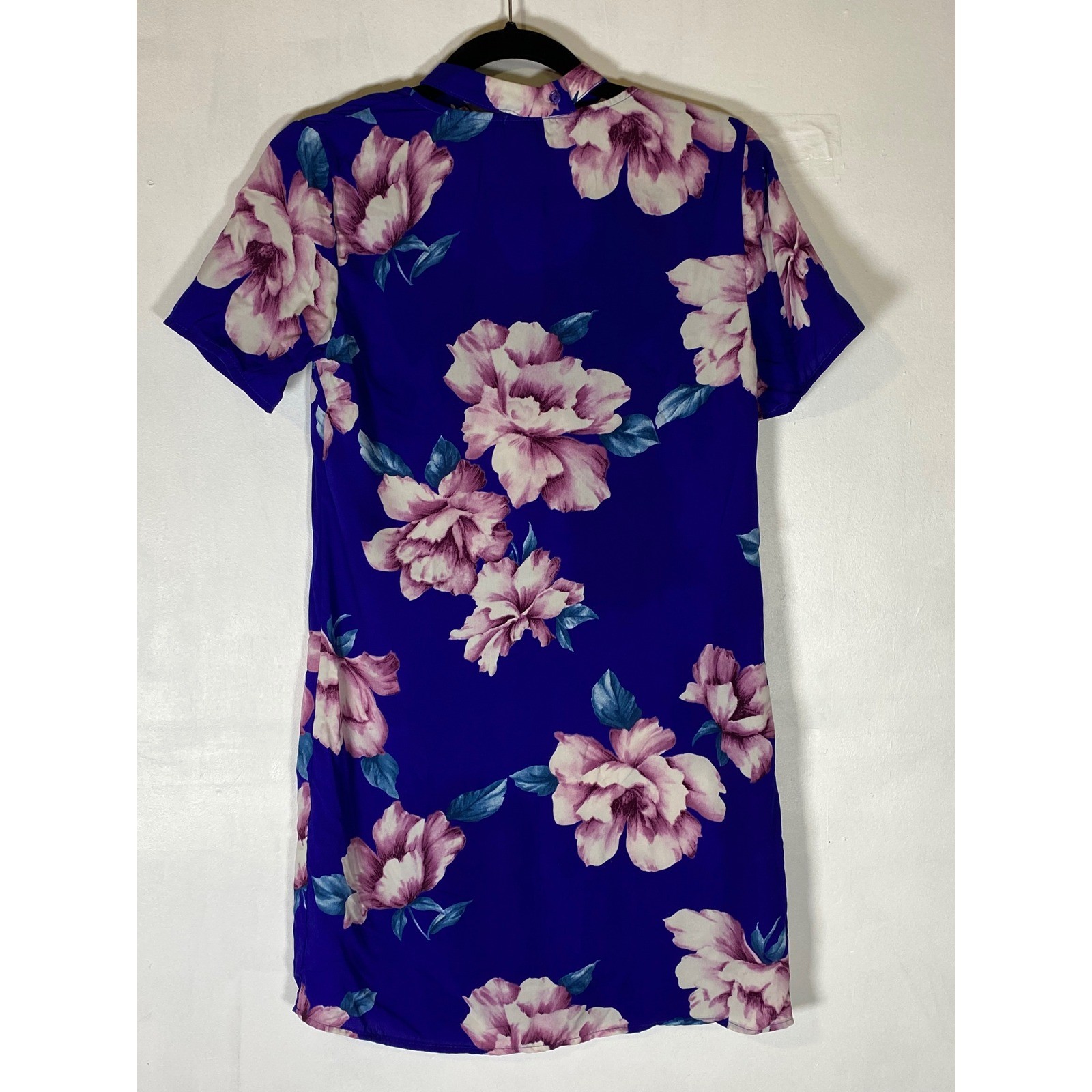 XS Blue Pink Floral Choker Neck Shift Dress V Neck Mini Cottagecore Coquette