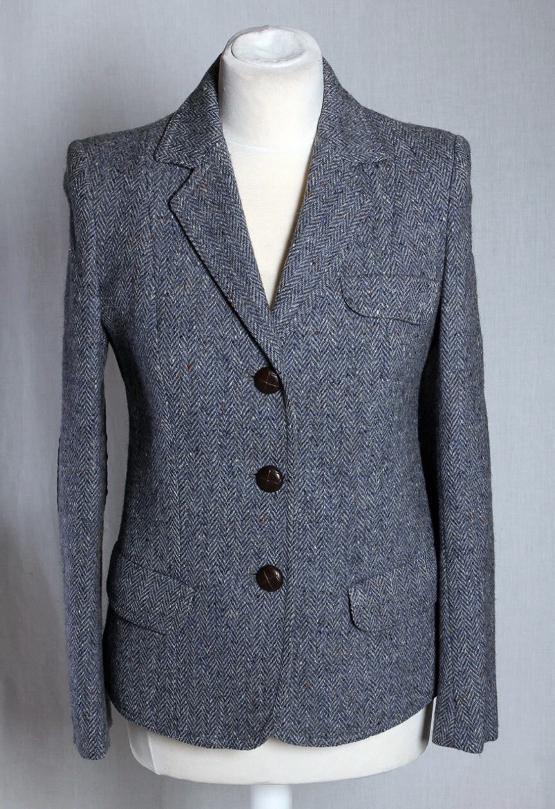 Donegal Tweed Jacket Blazer Wool Vintage Blue Grey Hourihan Dublin Leather