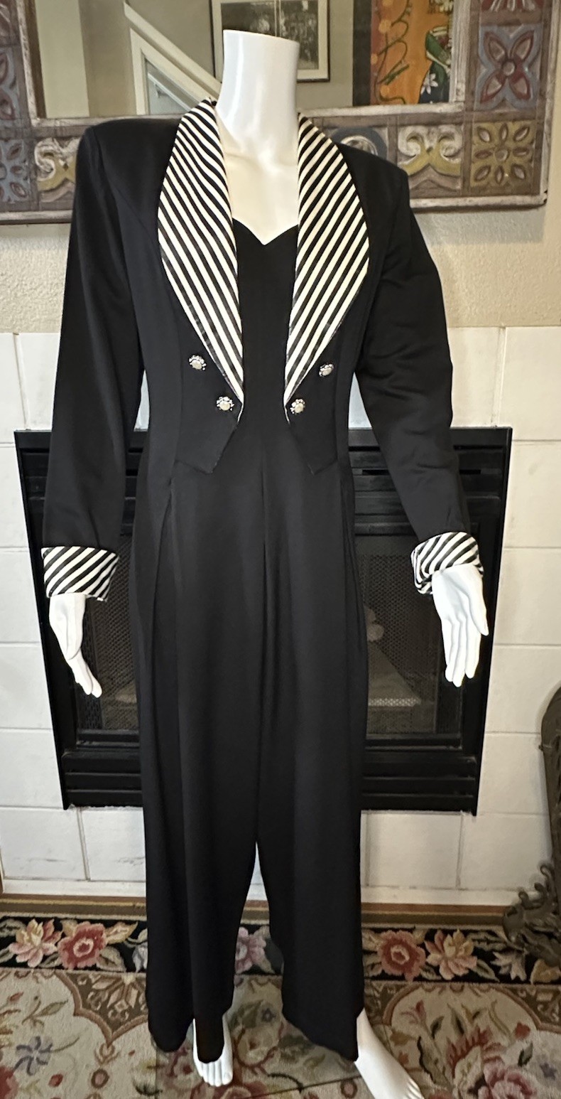 Vintage Black Striped Shawl Collar Wide Leg Palazzo Tie Back Tuxedo Jumpsuit
