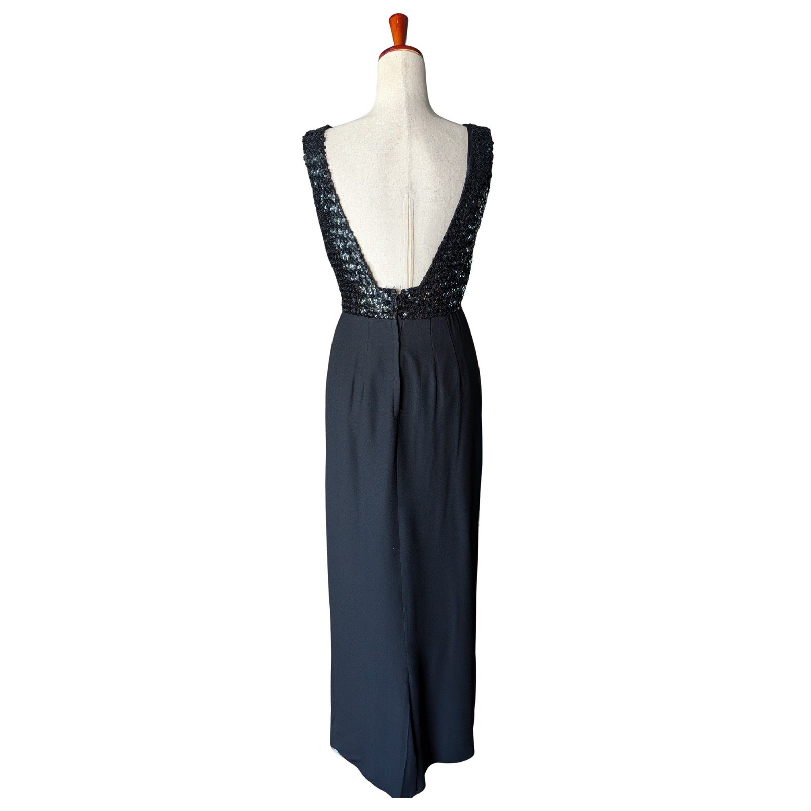 Vintage Jennifer Dallas Black Sequin Deep V Back Evening Gown Maxi Dress