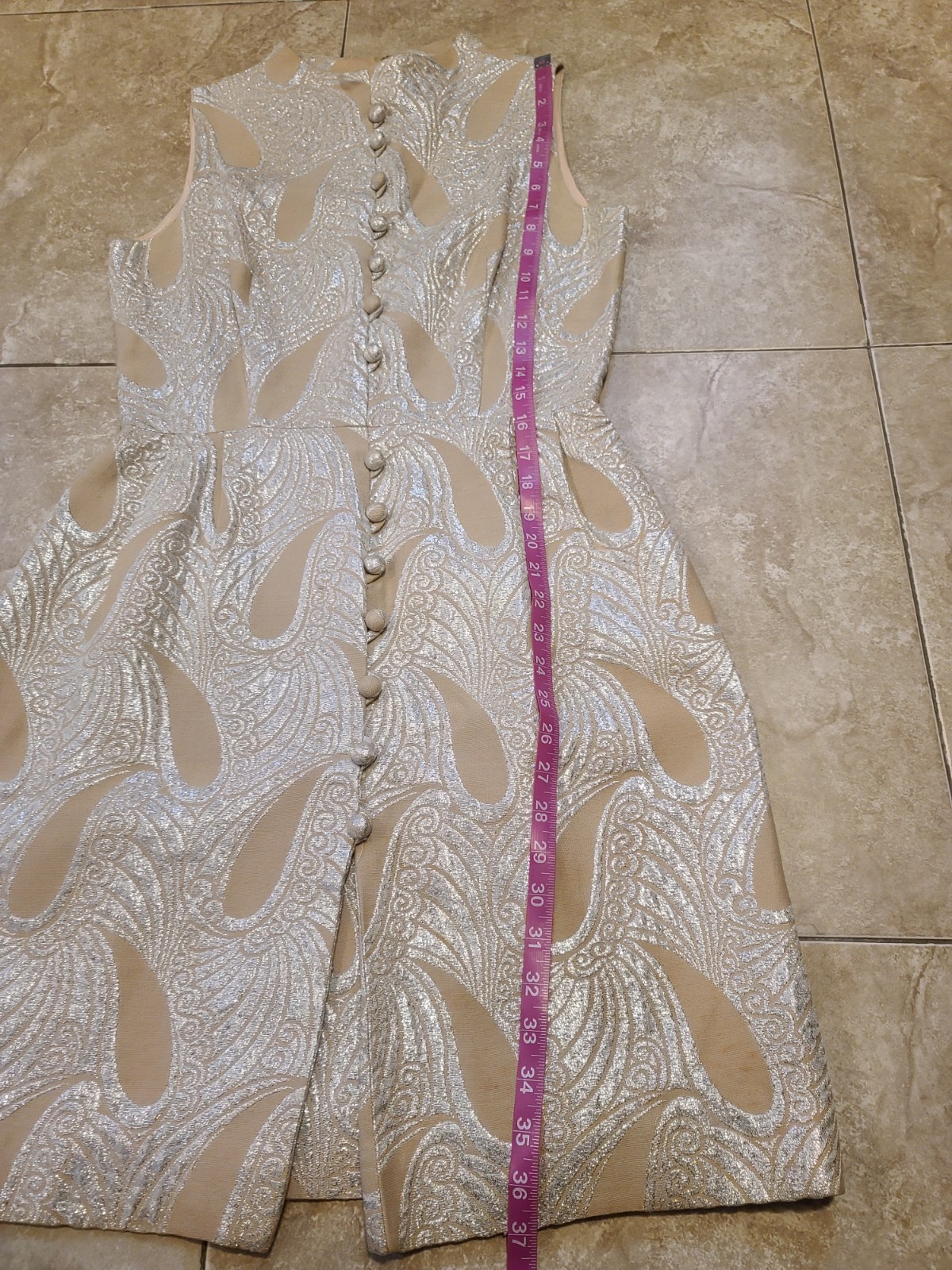 VTG MOD 60 Eve Le Coq Tan Metallic Silver Lame Brocade Paisley Dress Women’s S-M