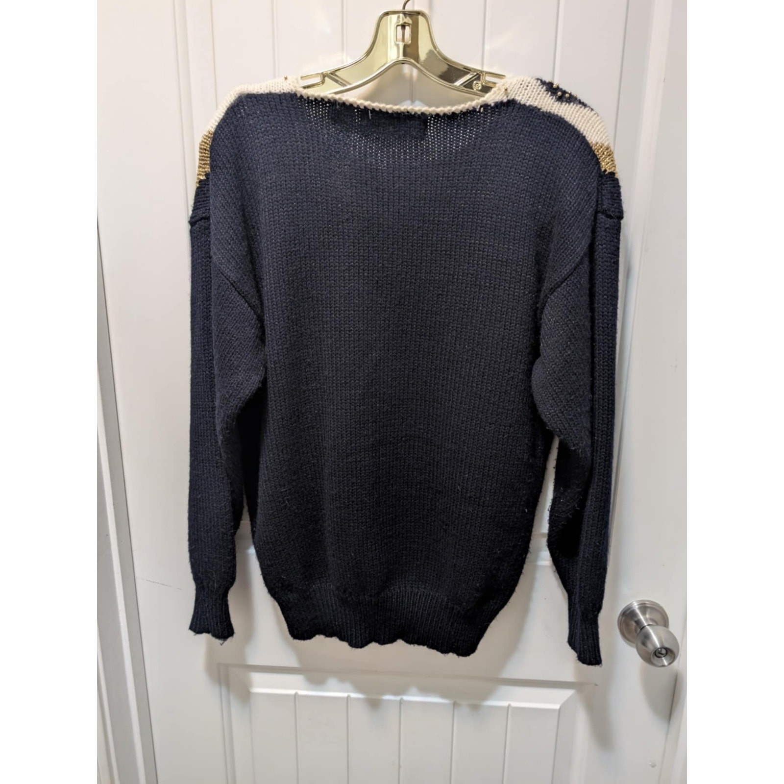Vintage Dana Scott Womens L Sweater Black & Cream Gold Beads Party Holiday