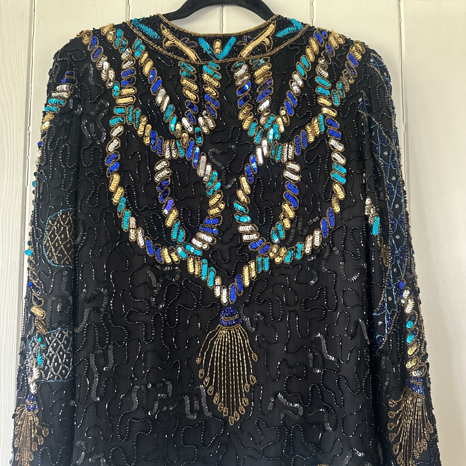 LAURENCE KAZAR Jacket 💯 Silk Lined Beaded Sequins Black Gold Large Clean