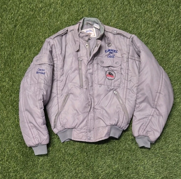 Vtg 80s Camel Gear Pro Racing Pit Jacket CRA Central Roadracing Marshall Sz XS