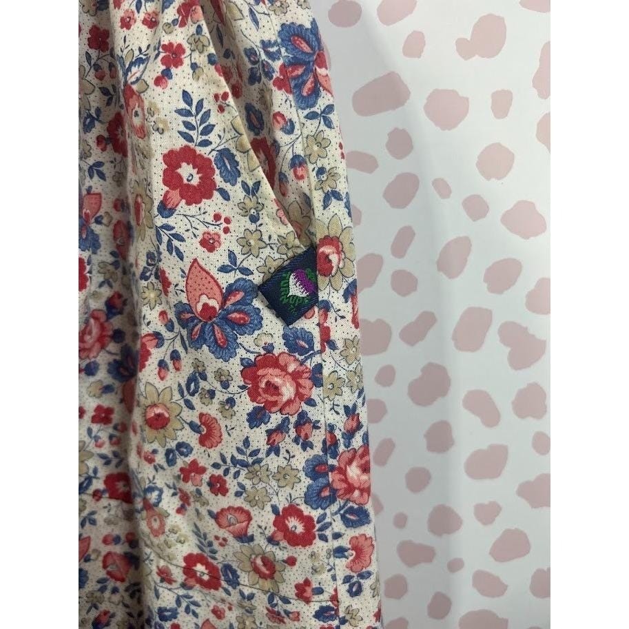 Picket and Post Vintage Floral Midi Skirt Red Blue Calico Elastic Waist Cottage