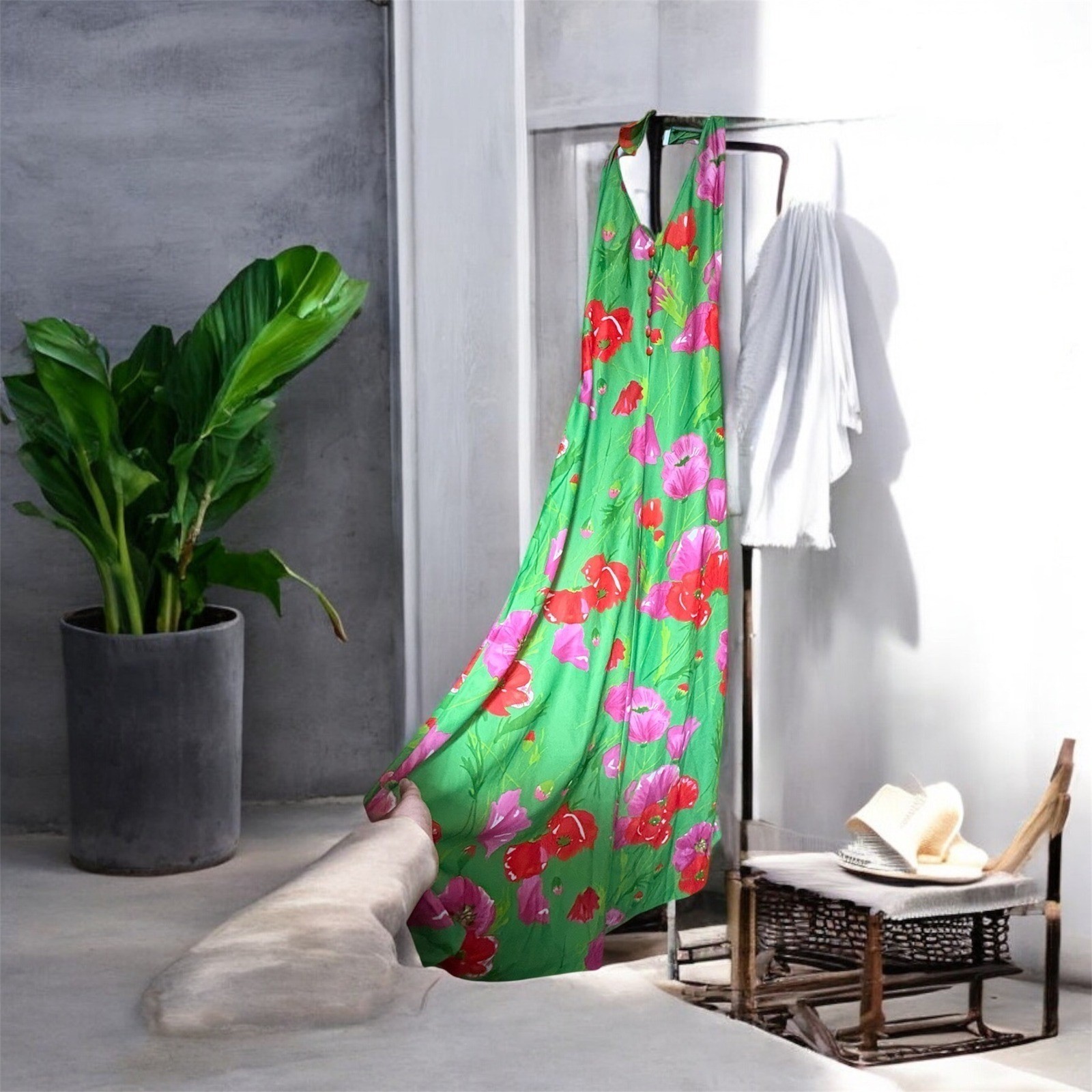 Vintage Aldens Fashions Maxi Dress Green Floral Halter Dress 70s Style Party grn