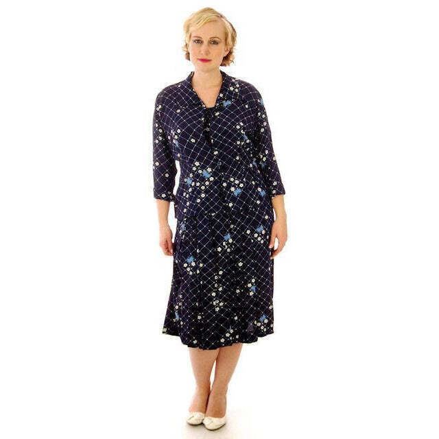 Vtg 40s Dress & Jacket Navy Rayon 1940s Floral Print L Young Viewpoint