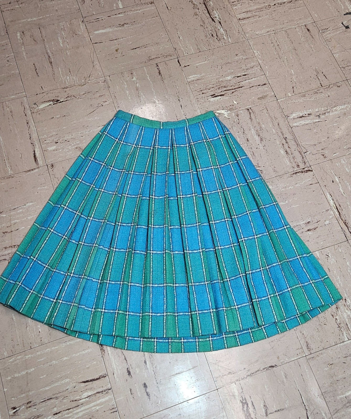 Vintage 1960’s Aline Pleaded Blue and Green Plaid Skirt Size Small