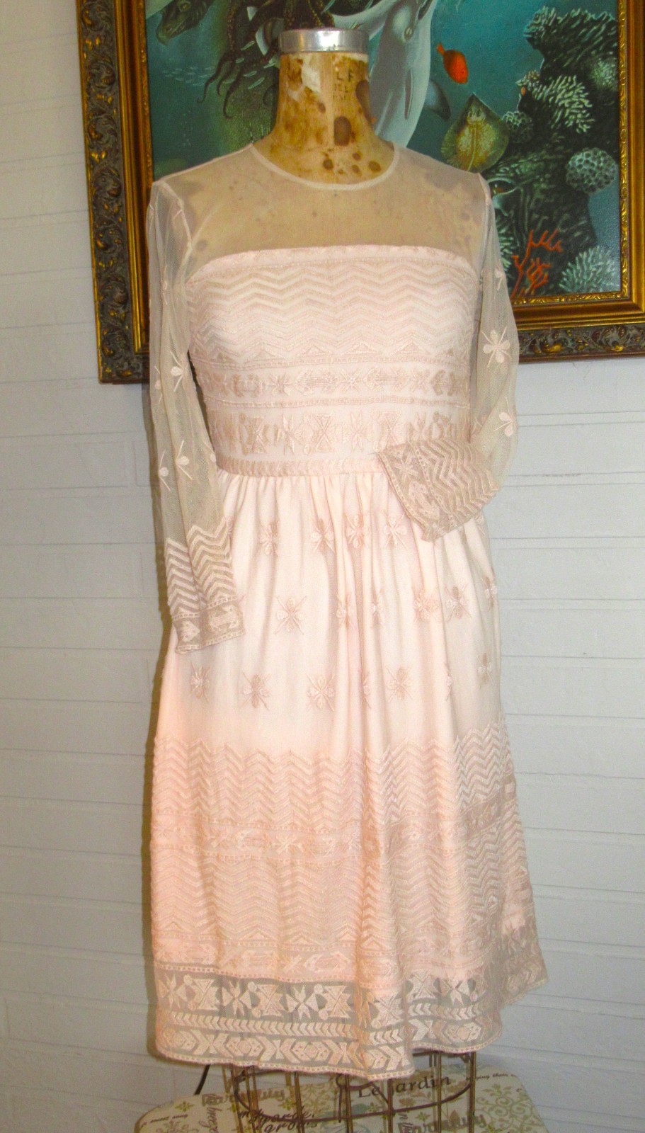 Vintage 1960’s Pink Dress Champagne Floral Needlepoint Sheer Lacy Overlay