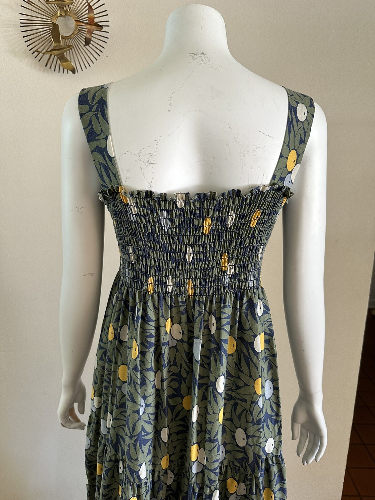1970s Olive Print Smocked Maxi Dress Cotton Blend Hostess Resort Sundress OS VTG