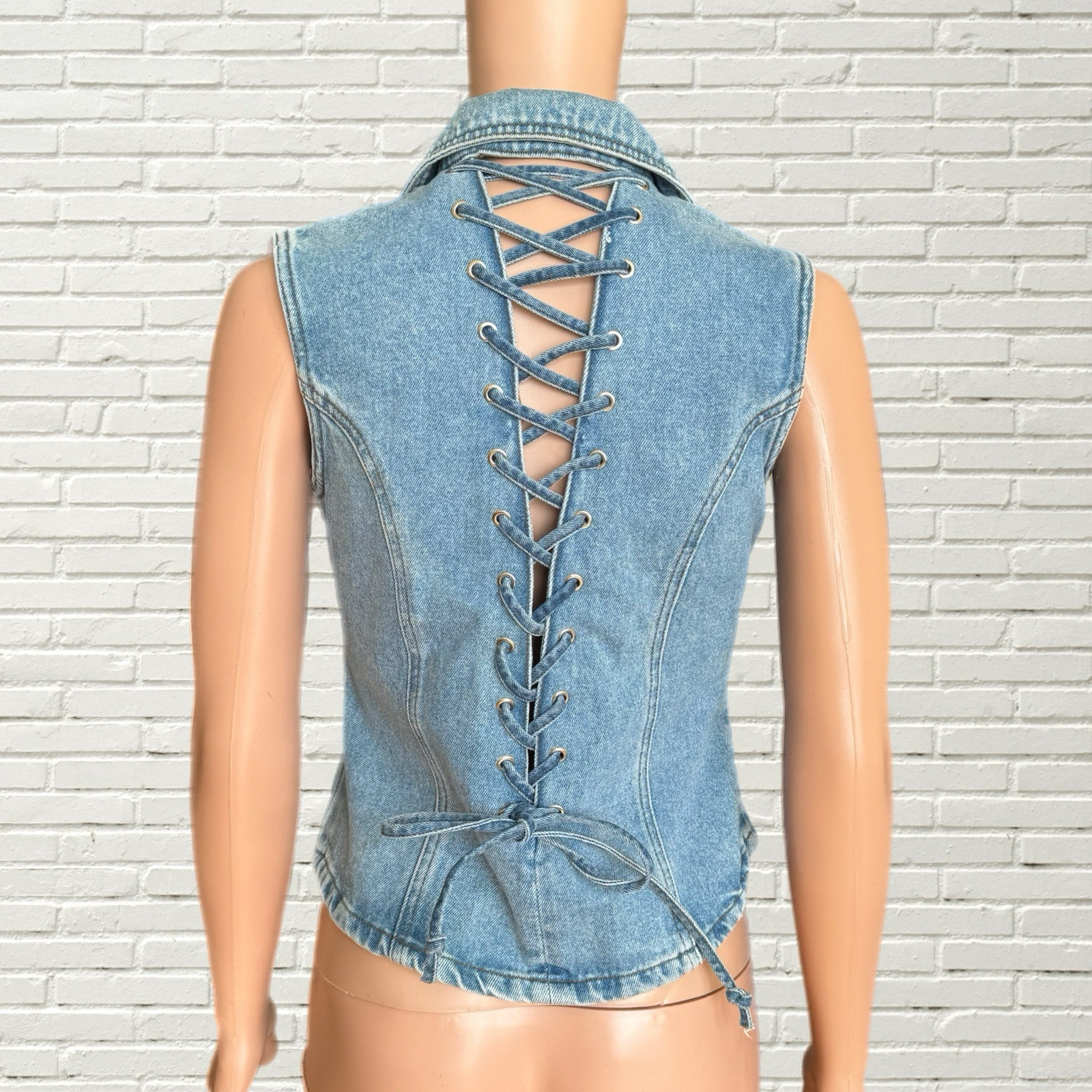 Vintage 80s 90s Denim Vest Top – Zana di – Lace Up Back