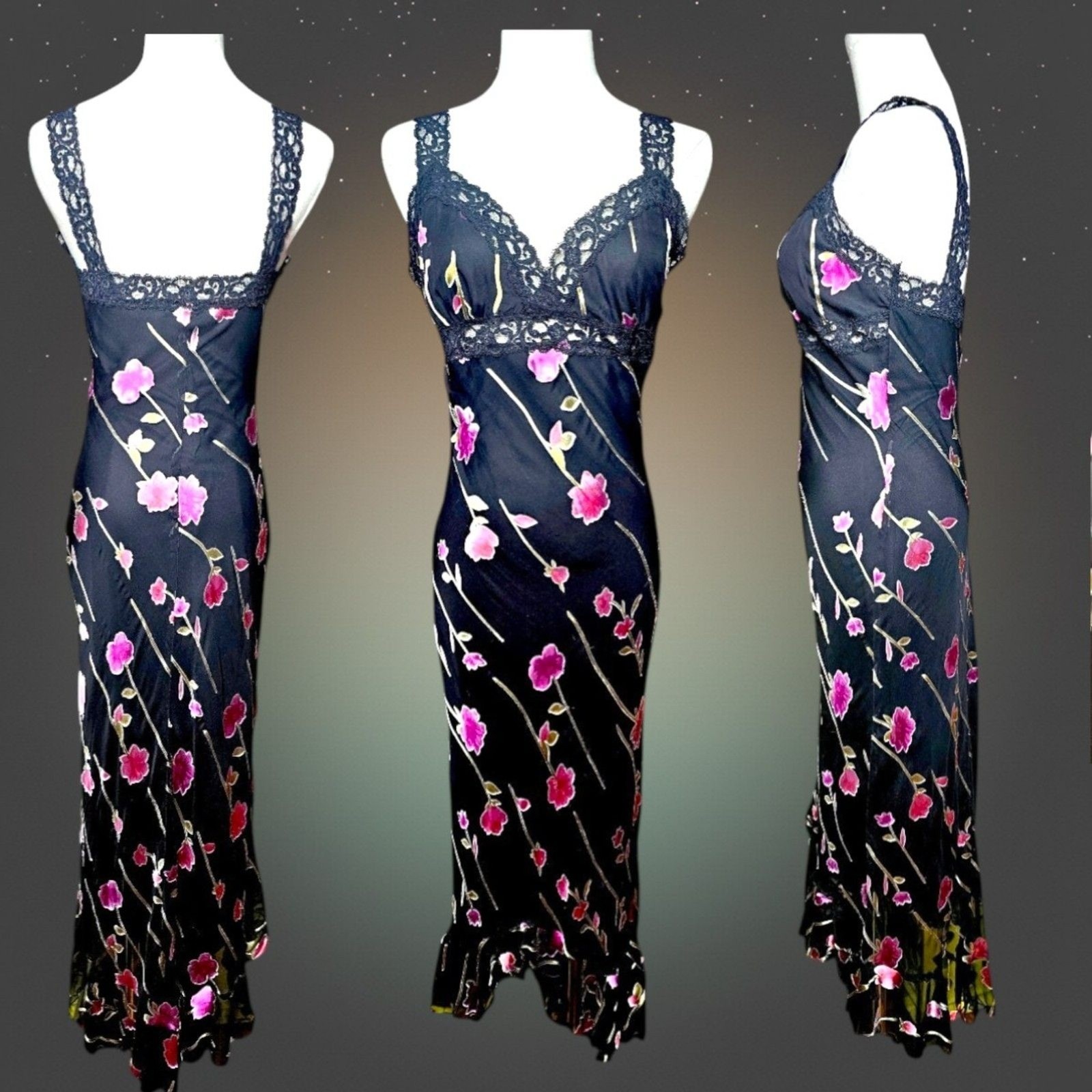 Betsey Johnson Vintage 90s Silk Blend Floral Lace Slip Dress Black Pink M