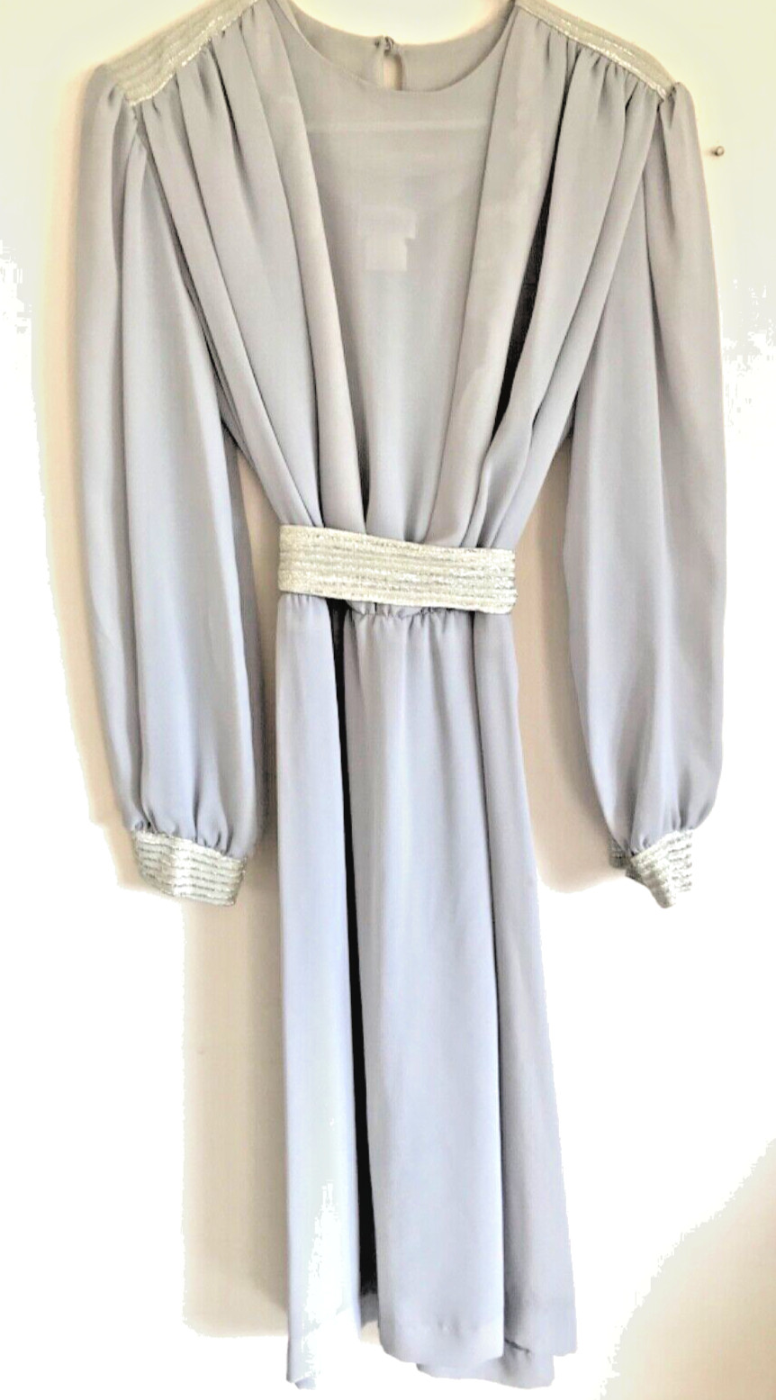 Vintage Grey Disco Dress, Long Sleeve Impromptu L Billow Sheer Silver, Dance 70s