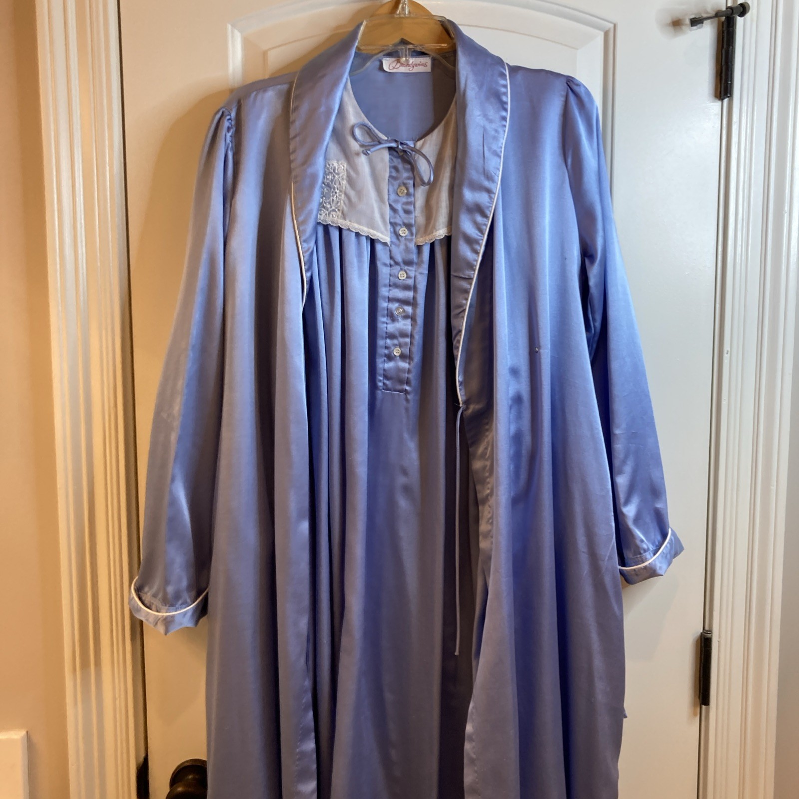 Vintage Brandywine Blue Satin Long Nightgown & Matching Robe Lace Retro MCM M/L