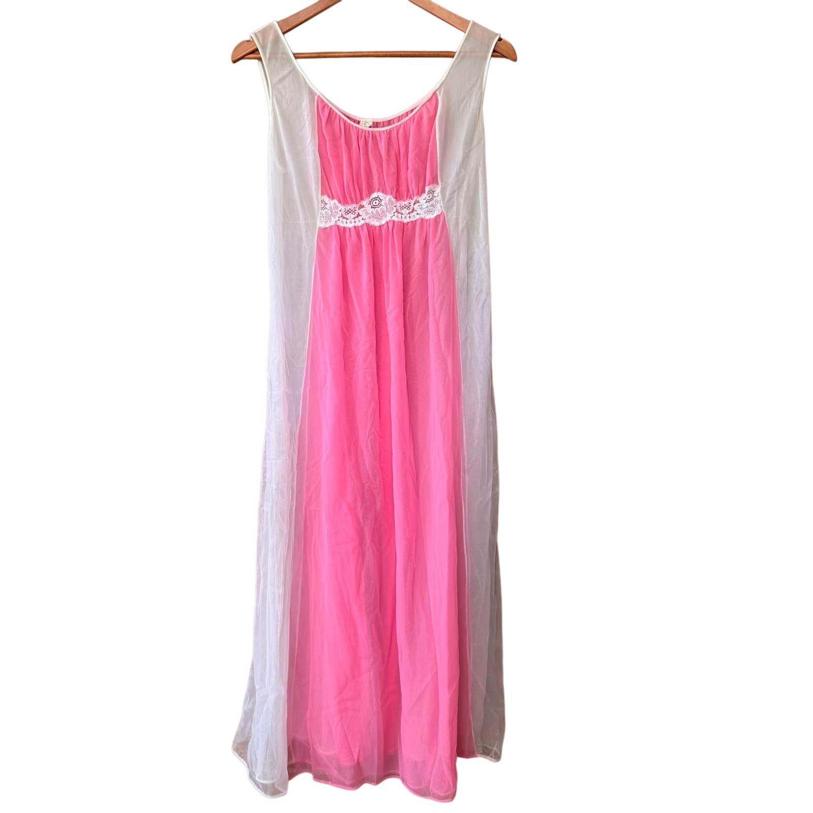 Vtg Leonora Inc Sheer Hot Pink Nightgown White Trim Medium Barbiecore Mod 60s