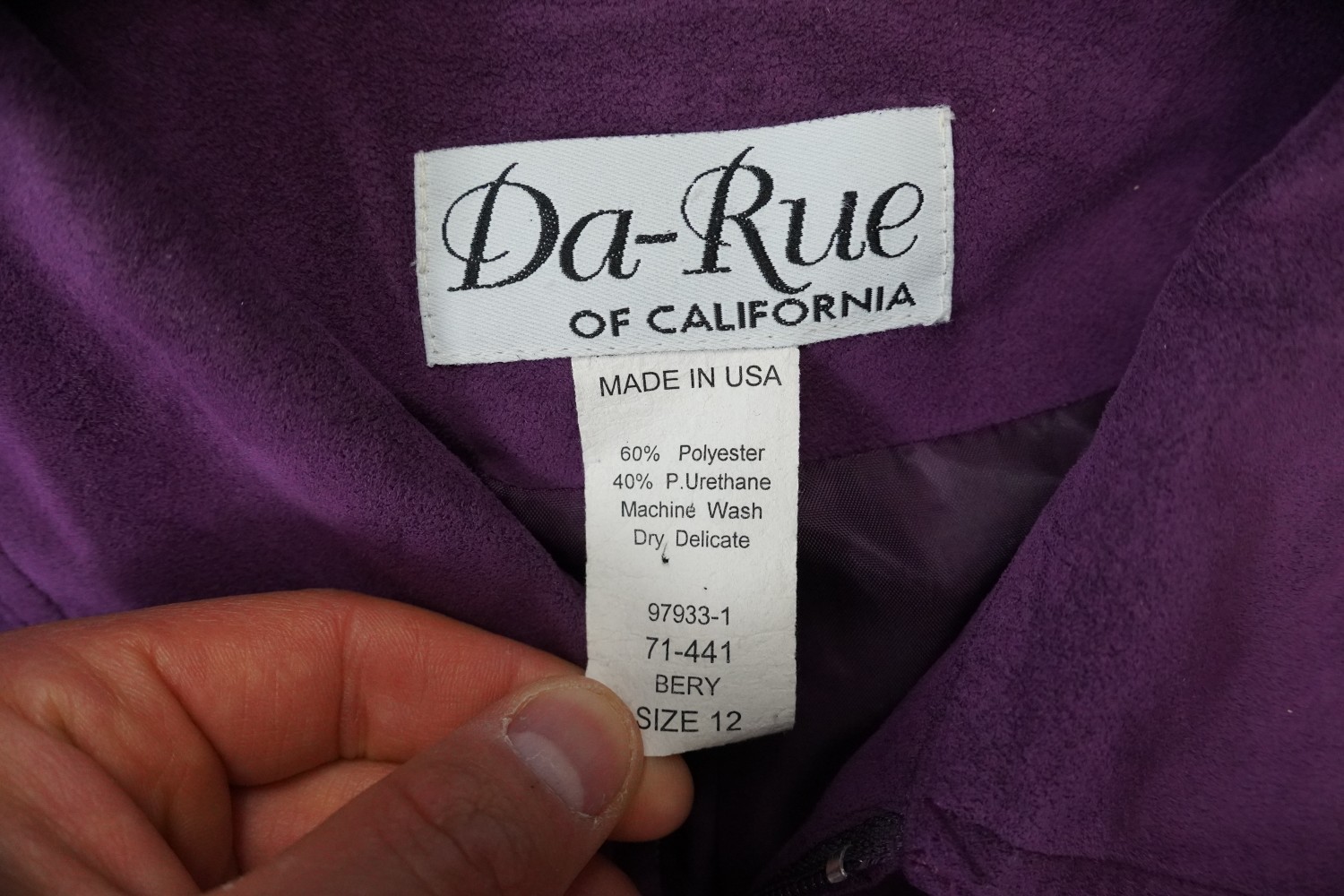 Vintage Da-Rue of California Purple Suede Jacket Womens Sz 12 Faux Made in USA