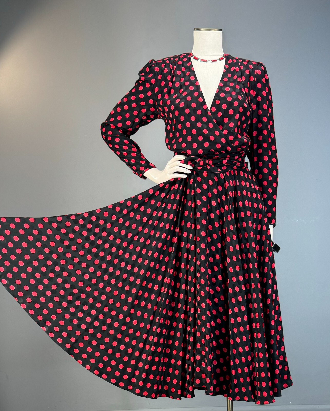 80s Silk Designer Wrap Shirt Dress Albert Nipon Polka Dot Red Black 200+ sweep!!