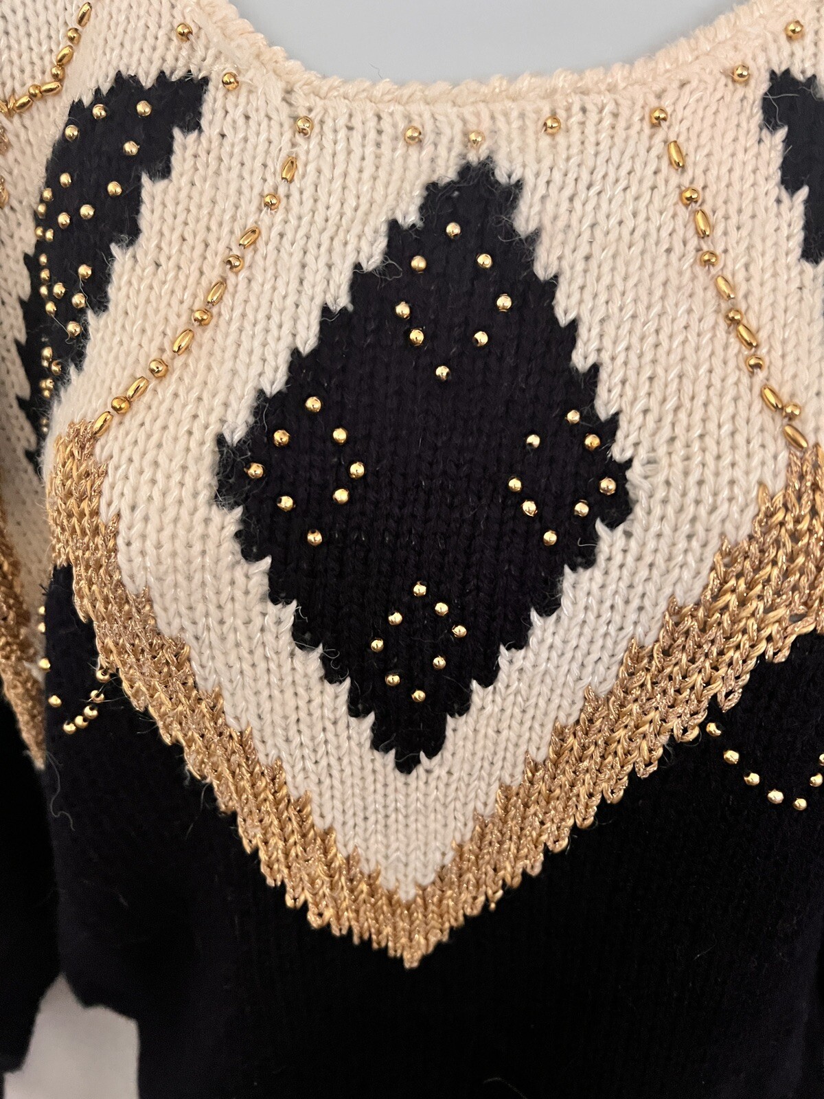 Dana Scott Womens M Vintage Sweater Black & Cream Gold Beads Party Holiday