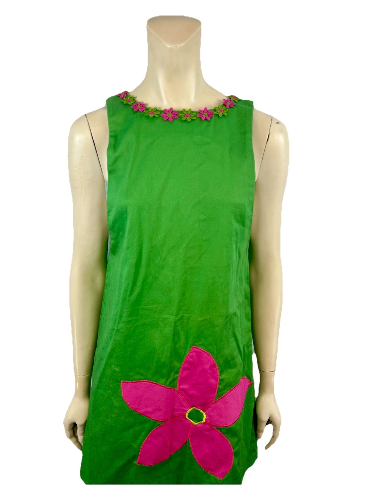 Vintage 60s Mini Dress Flower Power Green Mod Hippie, Cotton, X-Small/Small