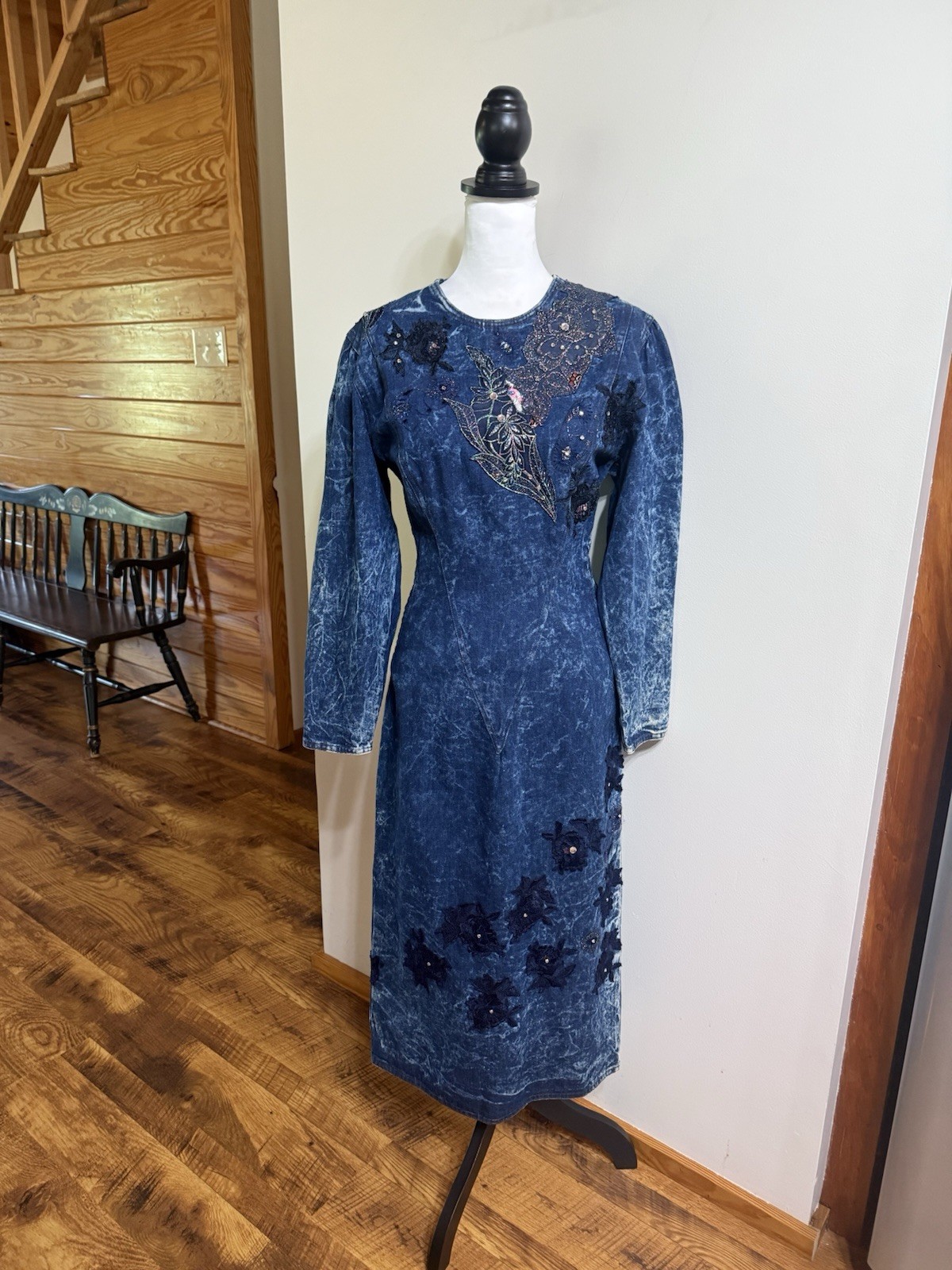 VTG 80s Acid Wash Denim Bodycon Dress US6/42 Artsy Embellished Italian