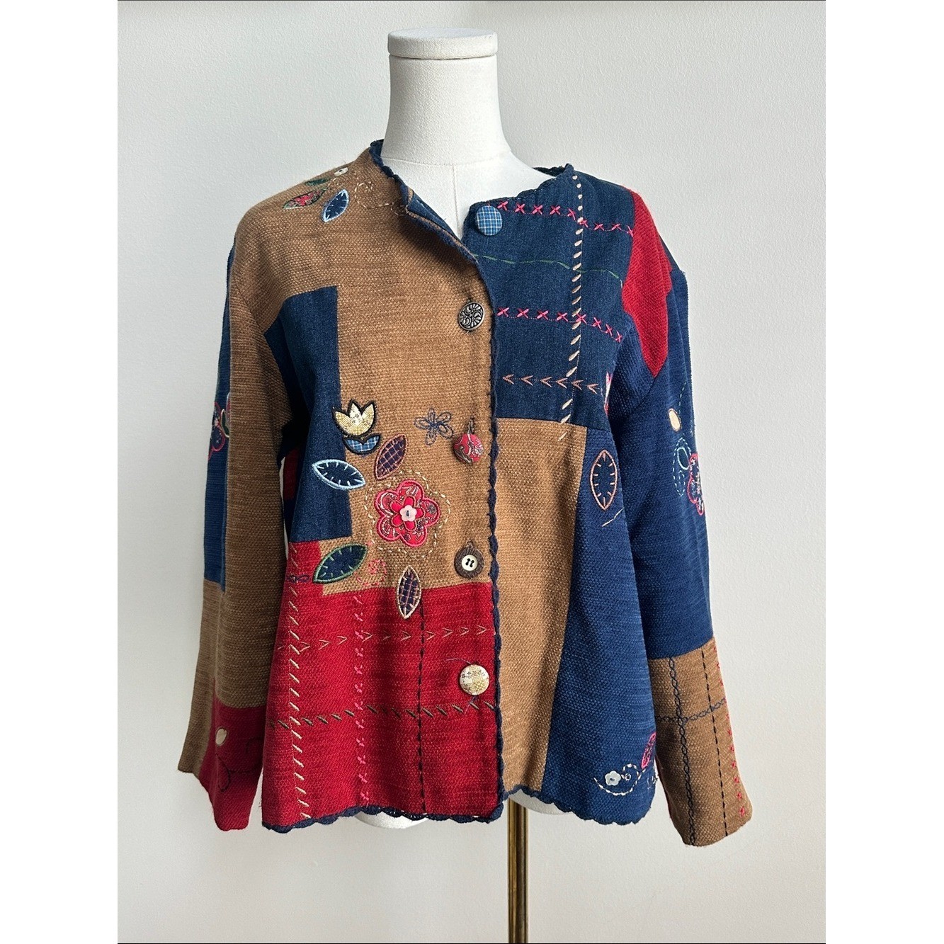 Vtg Patchwork Embroidered Floral Button Front Jacket Women M Granny Cottagecore