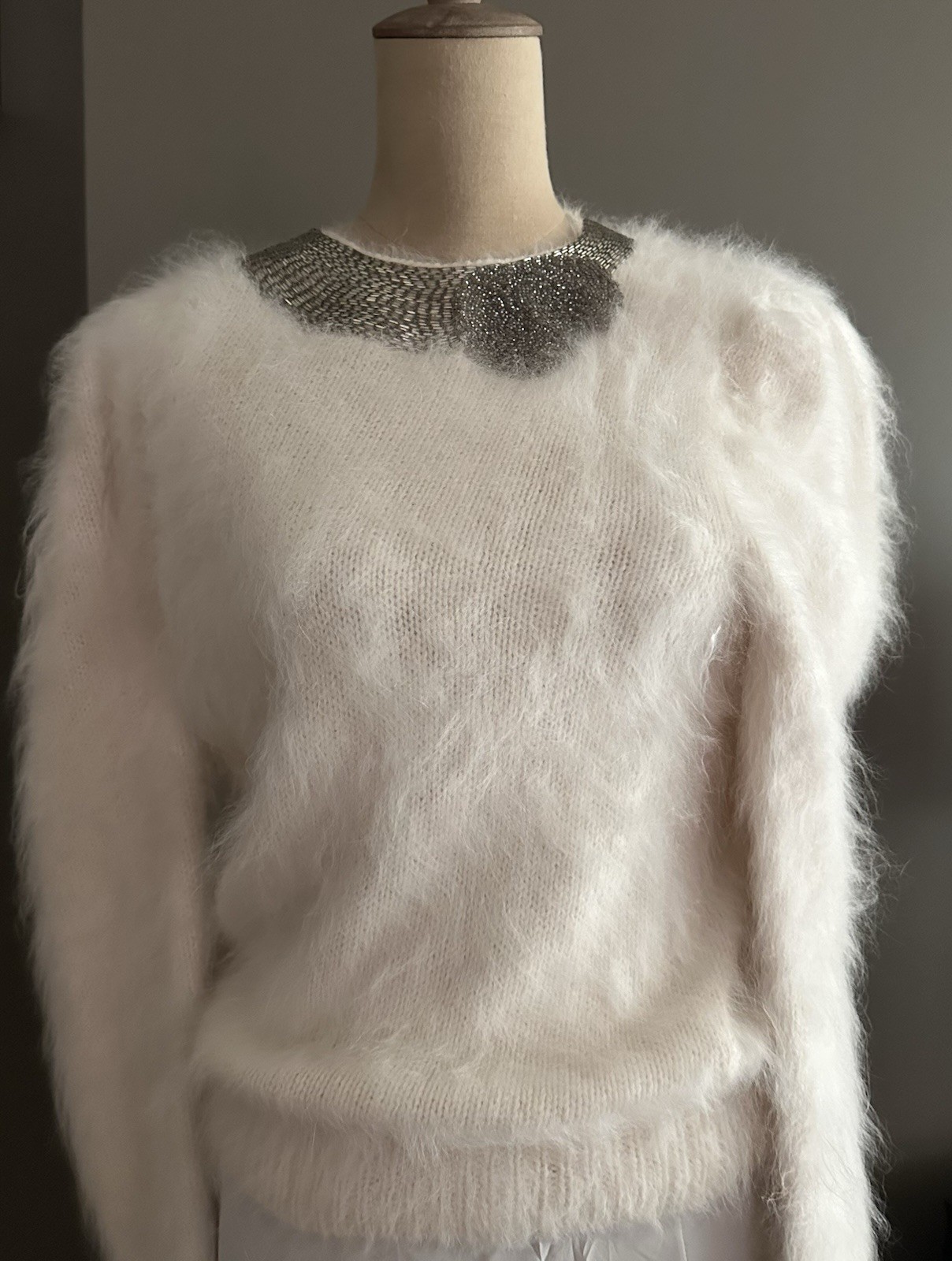 GUCCI VINTAGE 80s White Knit, Sequin Beaded Collar, Angora Sweater SZ S