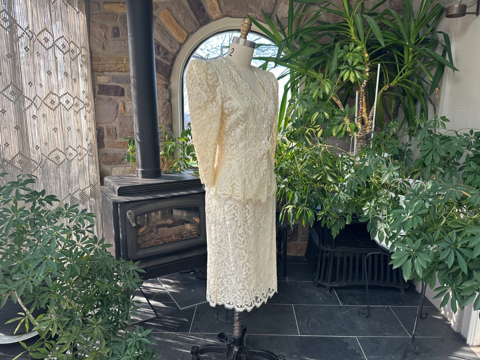 Vintage 1980s Greg Adams Formal 2 Piece Ivory Lace Bridal Wedding Suit