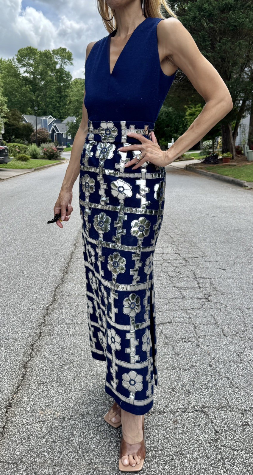 Vtg 60s Eleanor Brenner Couture Silver Mirror Space Age Maxi Dress Hostess S M