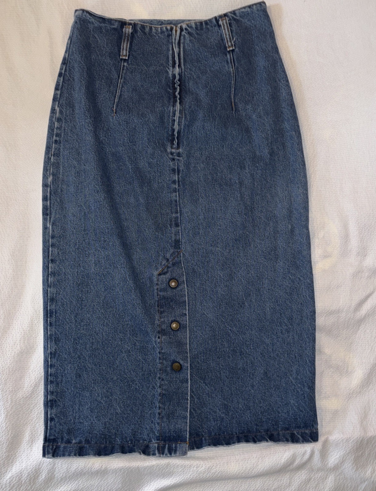 VTG 80s Stuffed Shirt Jeanswear Denim Maxi Skirt Made USA Bronze Snaps Sz 13/14