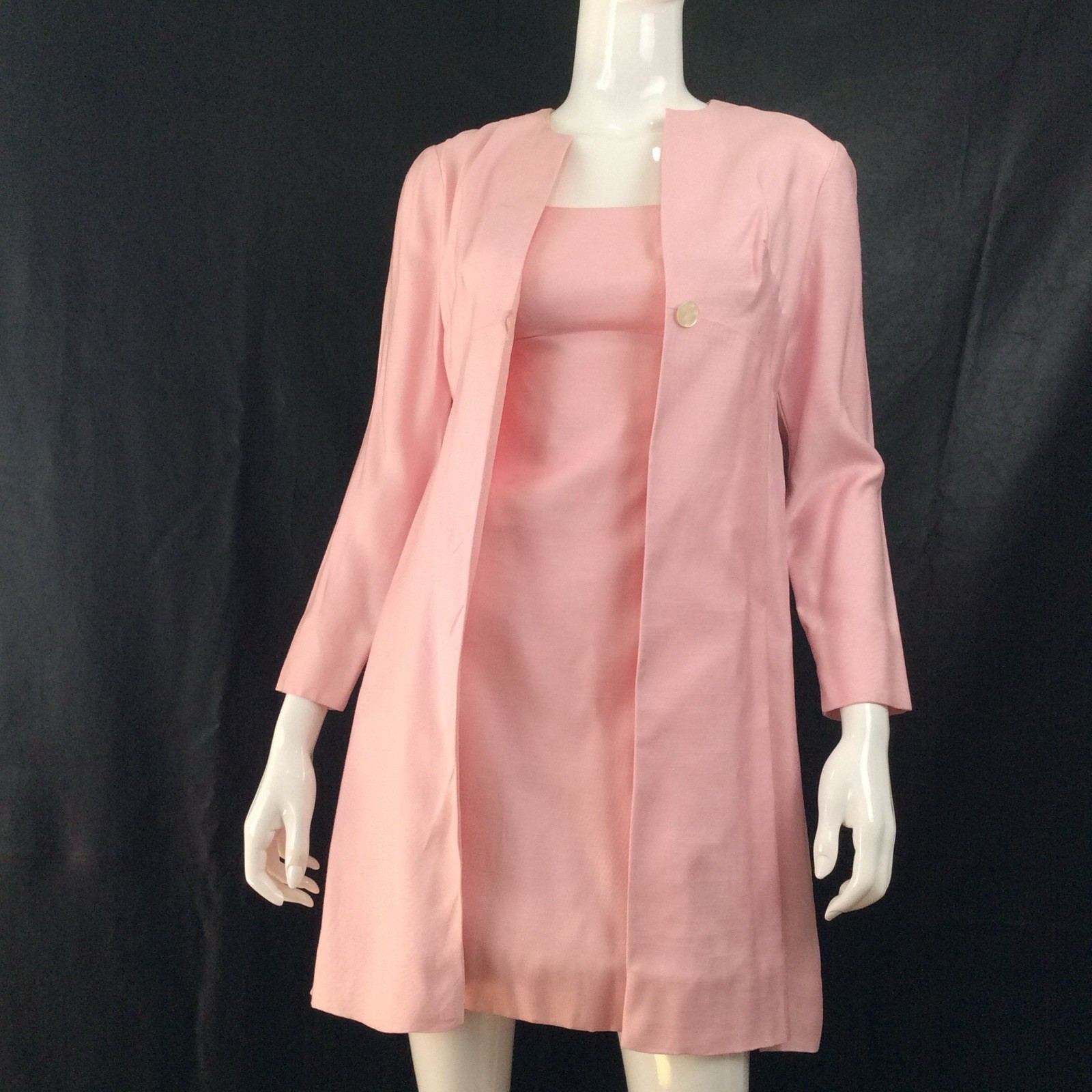 Vtg 60s Pink Mod Dress Set Rhinestone Buckle Jacket 2 Piece Mini Shift Dress PS