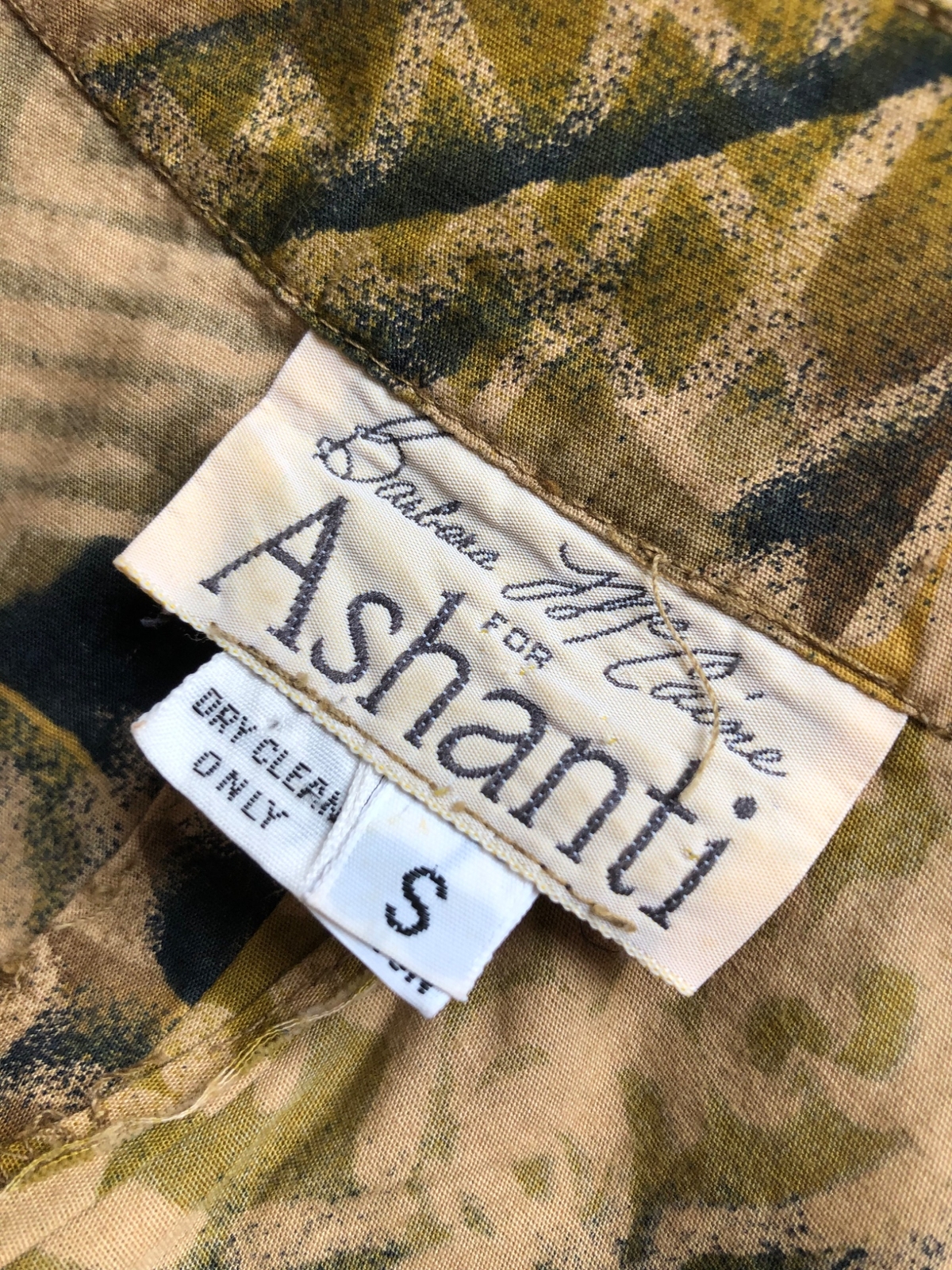 VTG BARBARA McCAINE ASHANTI COTTON DRESS SLEEVE TAN BROWN BLACK TIKI PRINT S EUC