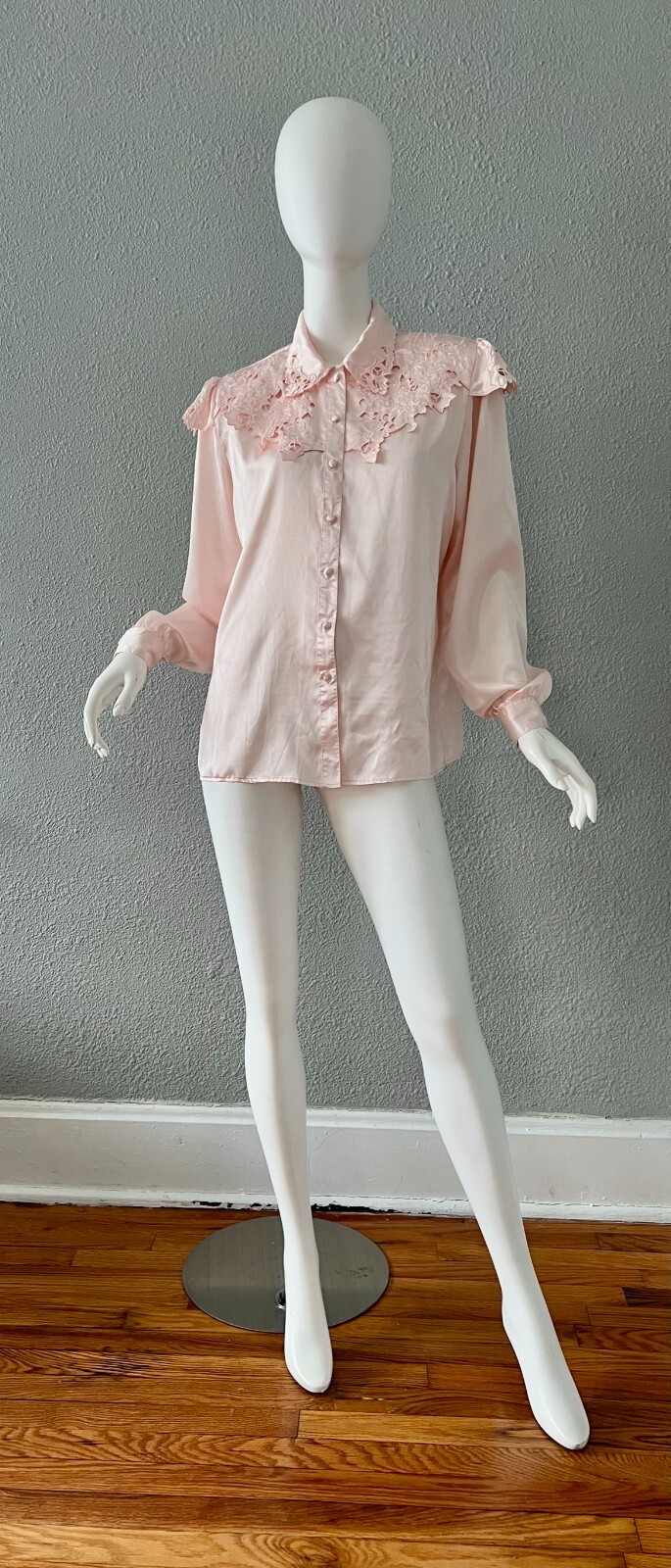 Vintage Light Pink Silky Liquid Satin Button Secretary Blouse Top M