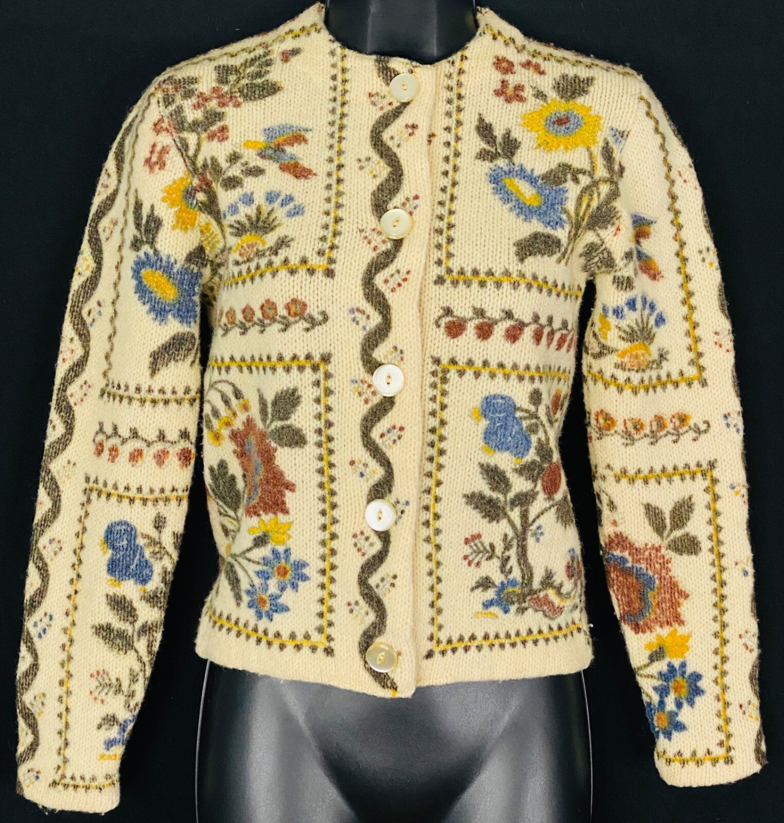 Vintage 1960s floral sweater wool colorful cardigan novelty print crop XS S