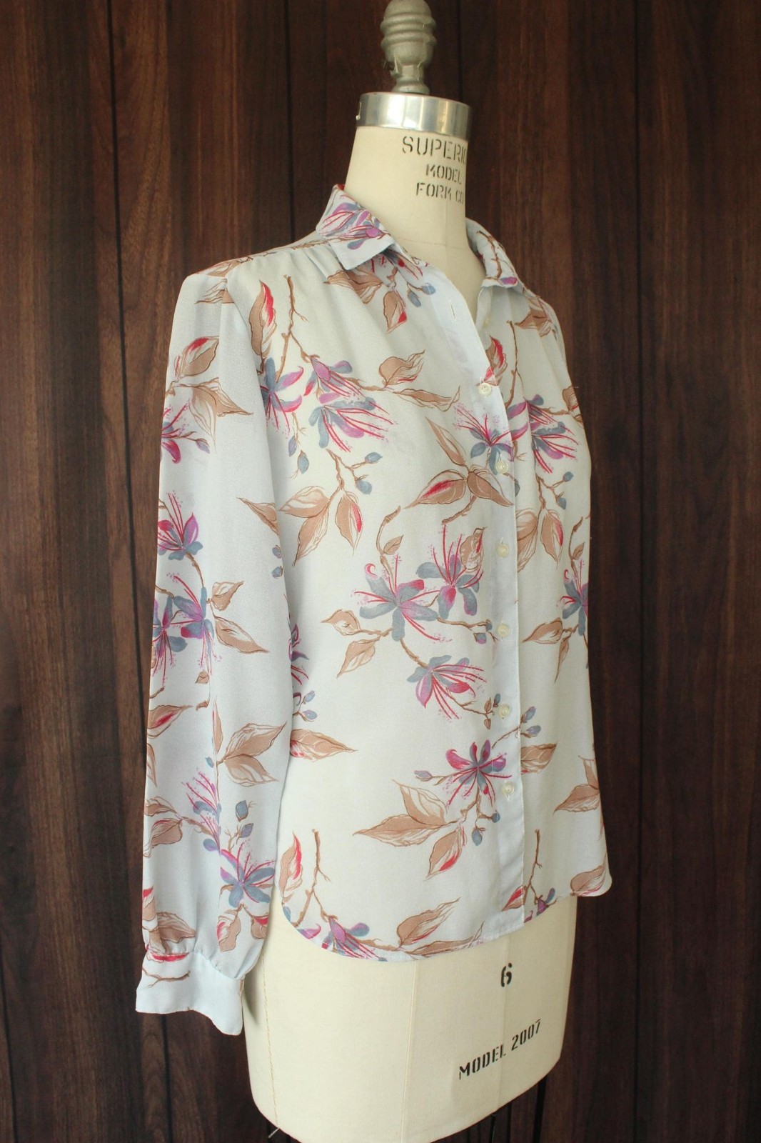 Vintage 1980s 1990s Blouse, Pale Blue Gray Chiffon with a Floral Print Button