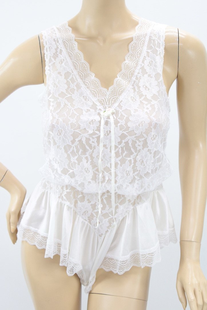 Vintage Tosca Teddy S Baby Doll Nylon White Lace Snap Crotch Lingerie