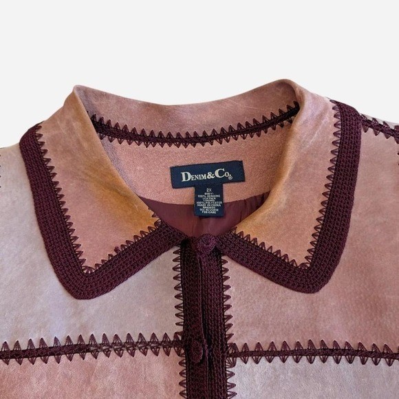 Denim & Co Genuine Leather Patchwork Crochet Jacket Mauve Pink 2X