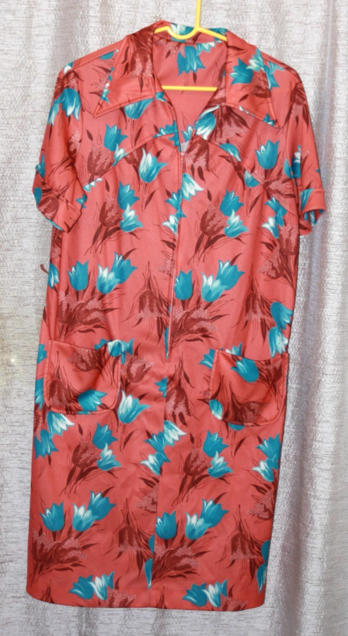 Women’s Muumuu Lounger Duster Dress 23×40 Zip Front 2 Pocket Peach Blue Floral